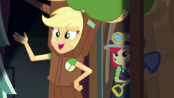 Size: 1280x720 | Tagged: safe, screencap, apple bloom, applejack, equestria girls, g4, my little pony equestria girls: better together, opening night, opening night: applejack, apple tree, duo, siblings, spotlight, tree, tree costume