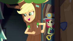 Size: 1280x720 | Tagged: safe, screencap, apple bloom, applejack, equestria girls, g4, my little pony equestria girls: better together, opening night, opening night: applejack, costume, tree costume