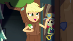 Size: 1280x720 | Tagged: safe, screencap, apple bloom, applejack, equestria girls, g4, my little pony equestria girls: better together, opening night, opening night: applejack, apple tree, clothes, costume, tree, tree costume
