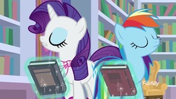 Size: 1920x1080 | Tagged: safe, screencap, rainbow dash, rarity, pony, g4, the end in friend, book, magic