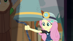 Size: 1280x720 | Tagged: safe, screencap, applejack, fluttershy, equestria girls, g4, my little pony equestria girls: better together, opening night, opening night: applejack, bell, clothes, costume, female, helmet, miner, mining helmet, tree costume