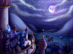 Size: 3000x2200 | Tagged: safe, artist:she-nightmare, princess luna, alicorn, pony, g4, canterlot, female, high res, mare, moon, scenery, smiling, solo