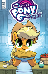 Size: 1186x1800 | Tagged: safe, artist:agnesgarbowska, idw, applejack, earth pony, pony, g4, spoiler:comic, spoiler:comic72, apple, applejack's hat, bucket, c:, cover, cowboy hat, curtains, cute, egg, female, food, hat, hoof hold, jackabetes, mare, pie, rolling pin, smiling, window