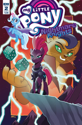 Size: 1186x1800 | Tagged: safe, artist:tony fleecs, idw, official comic, capper dapperpaws, tempest shadow, trixie, abyssinian, pony, unicorn, anthro, g4, my little pony: the movie, nightmare knights, spoiler:comic, spoiler:comicnightmareknights02, anthro with ponies, armor, awesome, badass, broken horn, cape, chest fluff, clothes, comic cover, cover, cover art, dice, eye scar, female, flying, glowing horn, horn, lightning, male, mare, scar