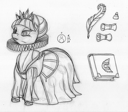 Size: 1000x876 | Tagged: safe, artist:sepiakeys, twilight sparkle, alicorn, pony, g4, book, clothes, crown, dress, female, grayscale, jewelry, mare, monochrome, quill, regalia, ruff (clothing), scroll, solo, traditional art