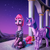 Size: 1600x1600 | Tagged: safe, artist:samum41, fizzlepop berrytwist, tempest shadow, twilight sparkle, alicorn, pony, unicorn, g4, my little pony: the movie, armor, broken horn, column, duo, duo female, eye scar, female, fireworks, horn, looking up, mare, night, pillar, scar, scenery, sitting, smiling, stars, twilight sparkle (alicorn)