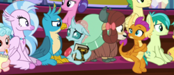 Size: 1084x472 | Tagged: safe, screencap, gallus, ocellus, sandbar, silverstream, smolder, yona, changedling, changeling, classical hippogriff, dragon, earth pony, griffon, hippogriff, pegasus, pony, yak, a matter of principals, g4, book, bow, cloven hooves, dragoness, female, filly, hair bow, jewelry, male, monkey swings, mouth hold, necklace, stallion, student six, teenager