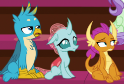 Size: 788x533 | Tagged: safe, screencap, gallus, ocellus, smolder, changedling, changeling, dragon, griffon, a matter of principals, g4, female, frown, male, sitting