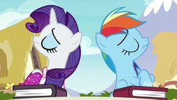 Size: 1920x1080 | Tagged: safe, screencap, rainbow dash, rarity, pony, g4, the end in friend, book, boots, glitter boots, shoes