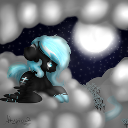 Size: 2902x2902 | Tagged: safe, artist:ether-akari, oc, oc only, oc:atypical, pegasus, pony, cloud, female, high res, moon, night, solo, stars