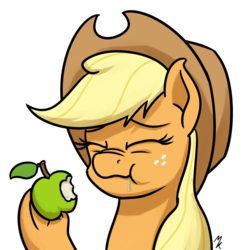 Size: 1280x1280 | Tagged: safe, artist:mkogwheel, applejack, earth pony, pony, g4, 30 minute art challenge, apple, bust, female, food, green apple, herbivore, juice, mare, scrunchy face, simple background, solo, sour, white background