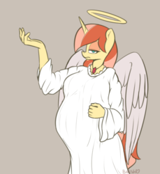 Size: 708x773 | Tagged: safe, artist:bumpywish, oc, oc only, oc:bumpy wish, angel, anthro, belly, big belly, female, halo, looking at you, pregnant, solo