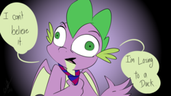 Size: 1280x720 | Tagged: safe, artist:emositecc, spike, dragon, genie, g4, aladdin, dialogue, male, movie reference, necktie, op is a duck (reaction image), reaction image, reference, rodney dangerfield, solo, winged spike, wings