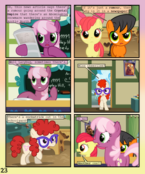 Size: 900x1080 | Tagged: safe, artist:lister-of-smeg, apple bloom, cheerilee, twist, oc, oc:lazybug, earth pony, pony, comic:crystal heart attack, g4, colt, comic, male, newspaper