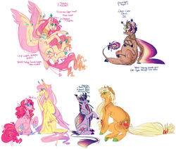 Size: 1766x1500 | Tagged: safe, artist:eqq_scremble, derpibooru exclusive, applejack, fluttershy, pinkie pie, twilight sparkle, alicorn, earth pony, pegasus, pony, g4, alternate design, cloven hooves, colored hooves, colored wings, crown, female, freckles, fusion, fusion:dawn cider, fusion:flickering sugar sweet, hair bun, hat, jewelry, leonine tail, lesbian, mare, multicolored wings, regalia, ship:flutterpie, ship:twijack, shipping, simple background, smiling, tail feathers, twilight sparkle (alicorn), white background, wing claws