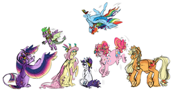 Size: 2660x1450 | Tagged: safe, artist:eqq_scremble, applejack, fluttershy, pinkie pie, rainbow dash, rarity, spike, twilight sparkle, alicorn, dragon, earth pony, pegasus, pony, unicorn, g4, alternate design, alternate hairstyle, braid, cloak, clothes, ear piercing, earring, elements of harmony, feather, female, flying, hair bun, headband, headpiece, jewelry, jumping, male, mane seven, mane six, mistmane's flower, piercing, somnambula's blindfold, turned away, twilight sparkle (alicorn), upside down