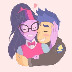 Size: 1000x1000 | Tagged: safe, artist:jemmyzha, flash sentry, sci-twi, twilight sparkle, human, equestria girls, g4, blushing, bowtie, clothes, cute, diasentres, duo, eyes closed, female, glasses, heart, hoodie, hug, male, ship:flashlight, ship:sci-flash, shipping, smiling, straight, twiabetes