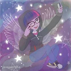 Size: 1000x1000 | Tagged: safe, artist:jemmyzha, sci-twi, twilight sparkle, alicorn, human, equestria girls, g4, my little pony equestria girls: better together, angelic wings, bowtie, clothes, converse, cute, female, glasses, hoodie, implied flash sentry, implied flashlight, implied sciflash, implied shipping, implied straight, one eye closed, open mouth, pants, peace sign, phone, sci-twilicorn, selfie, shoes, smiling, sneakers, solo, stars, twiabetes, twilight sparkle (alicorn), wings, wink