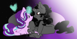 Size: 600x306 | Tagged: safe, artist:paddlepudds, king sombra, starlight glimmer, pony, unicorn, g4, broken horn, crack shipping, female, heart, horn, male, shipping, signature, starlightsombra, story included, straight
