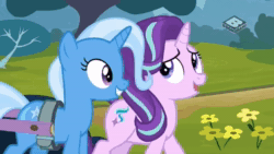 Size: 1280x720 | Tagged: safe, screencap, starlight glimmer, trixie, pony, unicorn, g4, road to friendship, animated, boomerang (tv channel), breaking the fourth wall, female, fourth wall, hypocritical humor, irony, mare, sound, trixie's wagon, we're friendship bound, webm
