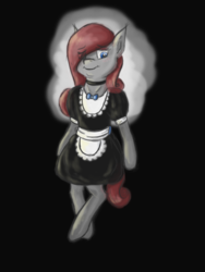 Size: 1536x2048 | Tagged: safe, artist:drops-of-blood, oc, oc only, oc:queen stan, bat pony, semi-anthro, bat pony oc, clothes, collar, dress, female, maid, simple background, solo