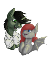 Size: 1536x2048 | Tagged: safe, artist:drops-of-blood, oc, oc only, oc:braunly, oc:queen stan, bat pony, pony, unicorn, bat pony oc, couple, duo, simple background, transparent background