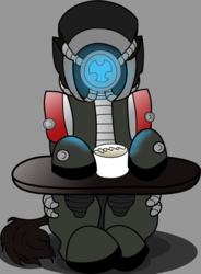 Size: 1024x1389 | Tagged: safe, artist:drops-of-blood, oc, oc only, oc:chaild viktor, pony, crossover, cup, food, geth, legion, male, mass effect, ponified, simple background, sitting, solo, tea, teacup
