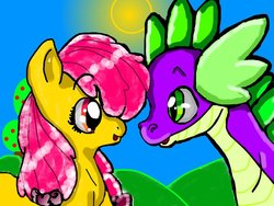 Size: 900x675 | Tagged: artist needed, safe, apple bloom, spike, g4, apple tree, female, hill, interspecies, looking at each other, male, older, older apple bloom, older spike, ponytail, ship:spikebloom, shipping, sky, straight, sun, tree