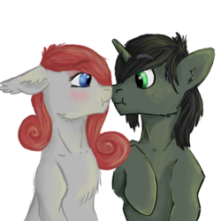 Size: 512x512 | Tagged: safe, artist:drops-of-blood, oc, oc only, oc:braunly, oc:queen stan, bat pony, pony, unicorn, :t, bat pony oc, couple, duo, looking at each other, shipping, simple background, transparent background