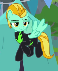 Size: 428x525 | Tagged: safe, screencap, lightning dust, pegasus, pony, g4, the washouts (episode), clothes, cropped, female, flying, mare, smiling, uniform, washouts uniform, wings