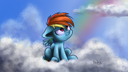 Size: 1200x675 | Tagged: safe, artist:bakud, rainbow dash, pegasus, pony, g4, angry, cloud, cute, female, filly, filly rainbow dash, grumpy, grumpy dash, looking away, looking up, on a cloud, rainbow, signature, sitting, solo, younger