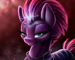 Size: 2000x1600 | Tagged: safe, artist:bakud, tempest shadow, pony, unicorn, g4, my little pony: the movie, armor, bedroom eyes, broken horn, female, horn, looking at you, mare, signature, solo, sparking horn