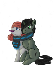 Size: 960x1280 | Tagged: safe, artist:drops-of-blood, oc, oc only, oc:braunly, oc:queen stan, bat pony, pony, unicorn, bat pony oc, clothes, couple, duo, ingress, scarf, shared clothing, shared scarf, simple background, sitting, snow, tongue out, transparent background