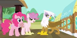 Size: 1024x508 | Tagged: safe, artist:froggers1995, gilda, pinkie pie, oc, oc:party feather, griffon, hippogriff, hybrid, g4, family, female, interspecies offspring, lesbian, magical lesbian spawn, offspring, parent:gilda, parent:pinkie pie, parents:gildapie, ship:gildapie, shipping