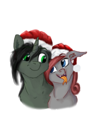 Size: 960x1280 | Tagged: safe, artist:drops-of-blood, oc, oc only, oc:braunly, oc:queen stan, bat pony, pony, unicorn, bat pony oc, christmas, couple, duo, hat, holiday, santa hat, simple background, tongue out, transparent background