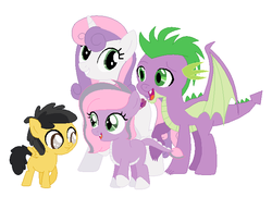 Size: 686x496 | Tagged: safe, artist:kitkat7532, spike, sweetie belle, dracony, dragon, hybrid, g4, adopted offspring, family, female, interspecies offspring, male, offspring, parent:spike, parent:sweetie belle, parents:spikebelle, ship:spikebelle, shipping, straight, winged spike, wings