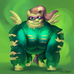 Size: 2000x2000 | Tagged: safe, artist:jedayskayvoker, fluttershy, saddle rager, pony, g4, clothes, costume, female, flutterhulk, high res, mare, muscles, muscleshy, power ponies, solo