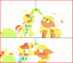 Size: 506x438 | Tagged: safe, artist:pokefinn, apple bloom, applejack, flam, flim, pony, g4, apple bloom the shipper, female, flim flam brothers, holly, holly mistaken for mistletoe, kiss on the lips, kissing, male, mare, ship:flimjack, shipper flam, shipper on deck, shipping, straight