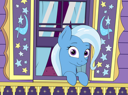 Size: 1606x1190 | Tagged: safe, artist:kirr12, trixie, pony, unicorn, g4, cute, female, looking at you, mare, smiling, solo, trixie's wagon, vector, window