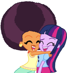 Size: 2108x2312 | Tagged: safe, artist:bigpurplemuppet99, artist:xxcatartsxx, saffron masala, twilight sparkle, equestria girls, g4, afro, base used, equestria girls-ified, female, high res, hug, lesbian, shipping, simple background, transparent background, twiffron