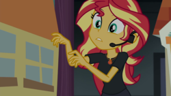 Size: 1280x720 | Tagged: safe, screencap, sunset shimmer, equestria girls, g4, my little pony equestria girls: better together, opening night, opening night: twilight sparkle, female, geode of empathy, pantomime, solo