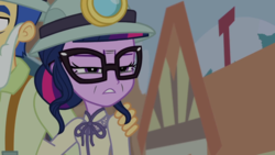 Size: 1280x720 | Tagged: safe, screencap, flash sentry, sci-twi, twilight sparkle, equestria girls, g4, my little pony equestria girls: better together, opening night, opening night: twilight sparkle, clothes, costume, glasses
