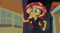 Size: 1280x720 | Tagged: safe, screencap, sunset shimmer, equestria girls, g4, my little pony equestria girls: better together, opening night, opening night: twilight sparkle, female, geode of empathy, solo
