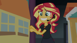 Size: 1280x720 | Tagged: safe, screencap, sunset shimmer, equestria girls, g4, my little pony equestria girls: better together, opening night, opening night: twilight sparkle, female, geode of empathy, pantomime, smiling, solo