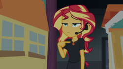 Size: 1280x720 | Tagged: safe, screencap, sunset shimmer, equestria girls, equestria girls series, g4, opening night, clothes, female, geode of empathy, opening night: twilight sparkle, pointing, solo, sunset shimmer is not amused, unamused