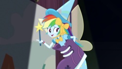 Size: 1280x720 | Tagged: safe, screencap, rainbow dash, equestria girls, equestria girls series, g4, opening night, clothes, costume, fairy bootmother, fairy costume, fairy wings, female, hat, opening night: twilight sparkle, rainbow dash always dresses in style, smiling, solo, wand