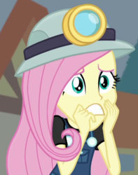 Size: 427x542 | Tagged: safe, screencap, fluttershy, equestria girls, g4, my little pony equestria girls: better together, opening night, opening night: twilight sparkle, cropped, female, helmet, miner, mining helmet, scared, solo