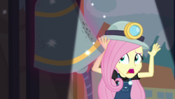 Size: 1280x720 | Tagged: safe, screencap, fluttershy, equestria girls, g4, my little pony equestria girls: better together, opening night, opening night: twilight sparkle, bell, female, magic, solo, telekinesis