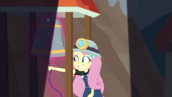 Size: 1280x720 | Tagged: safe, screencap, fluttershy, equestria girls, g4, my little pony equestria girls: better together, opening night, opening night: twilight sparkle, bell, female, magic, miner, solo, telekinesis