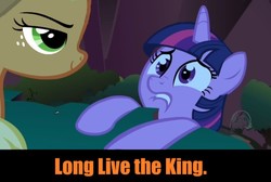 Size: 847x570 | Tagged: safe, edit, edited screencap, editor:leonidus, screencap, applejack, twilight sparkle, friendship is magic, g4, evil smile, grin, imminent death, imminent murder, long live the king, meme, movie reference, smiling, text, the lion king